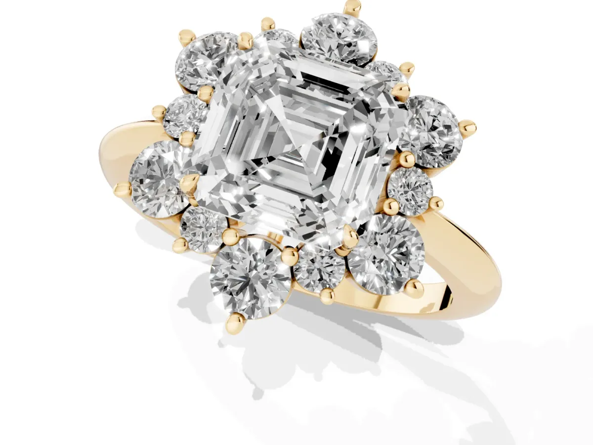 Asscher Cut Diamond Cluster Halo Ring with Solitaire Band and Four-Prong Setting Yellow gold