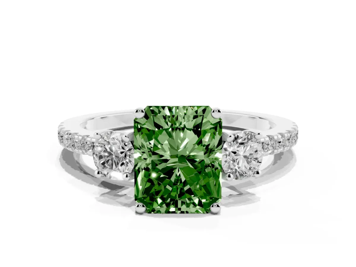 Fancy Green Three-Stone Radiant Cut Cut Diamond Pavé Band with Prong Setting Silver