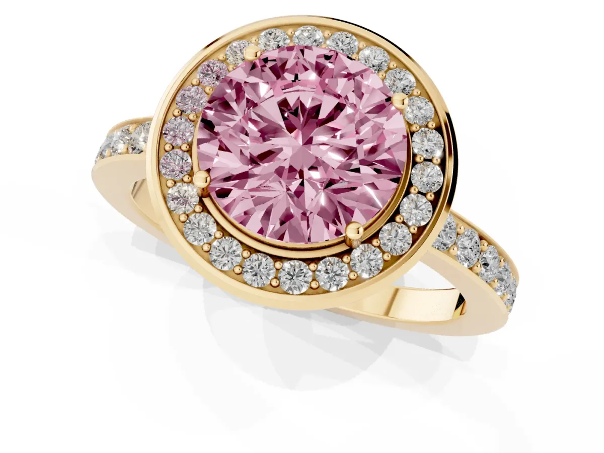 Fancy Pink Round Cut Diamond Halo Ring with Bezel Frame and Pavé Band Yellow gold