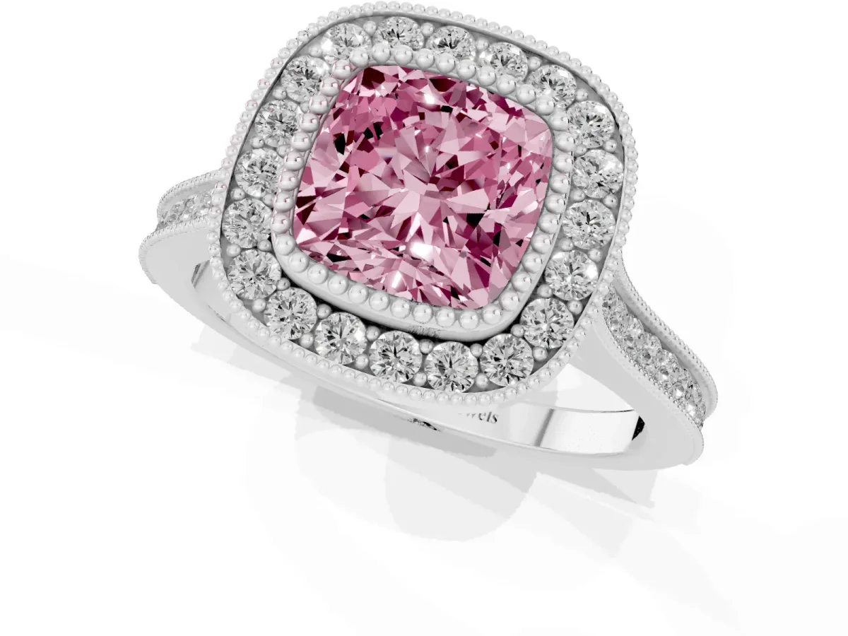 Fancy Pink Cushion Cut Diamond Halo Ring with Milgrain Frame and Pavé Band Platinum