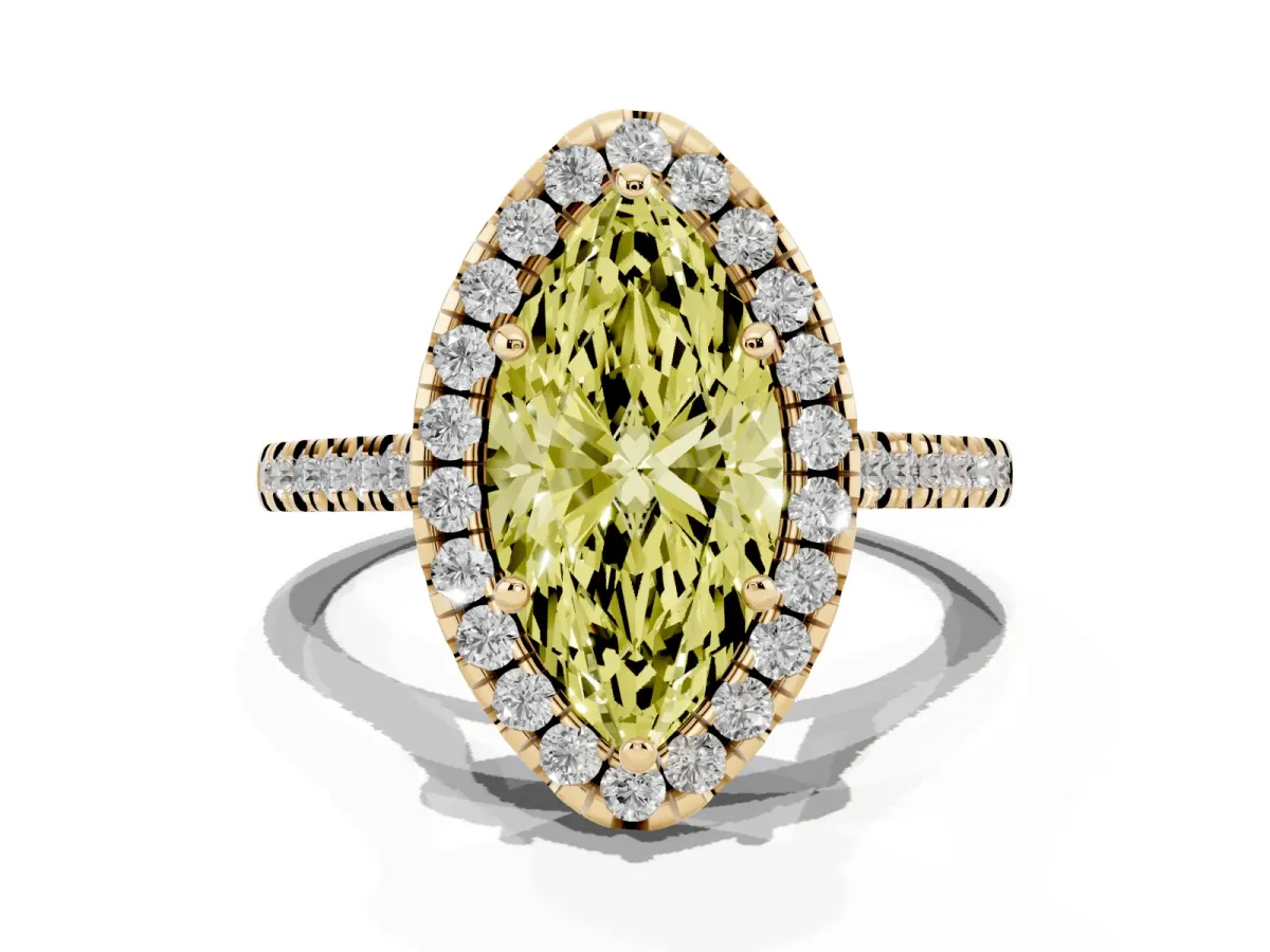 Fancy Yellow Marquise Cut Diamond Cushion Halo Ring with Pavé Band Yellow gold