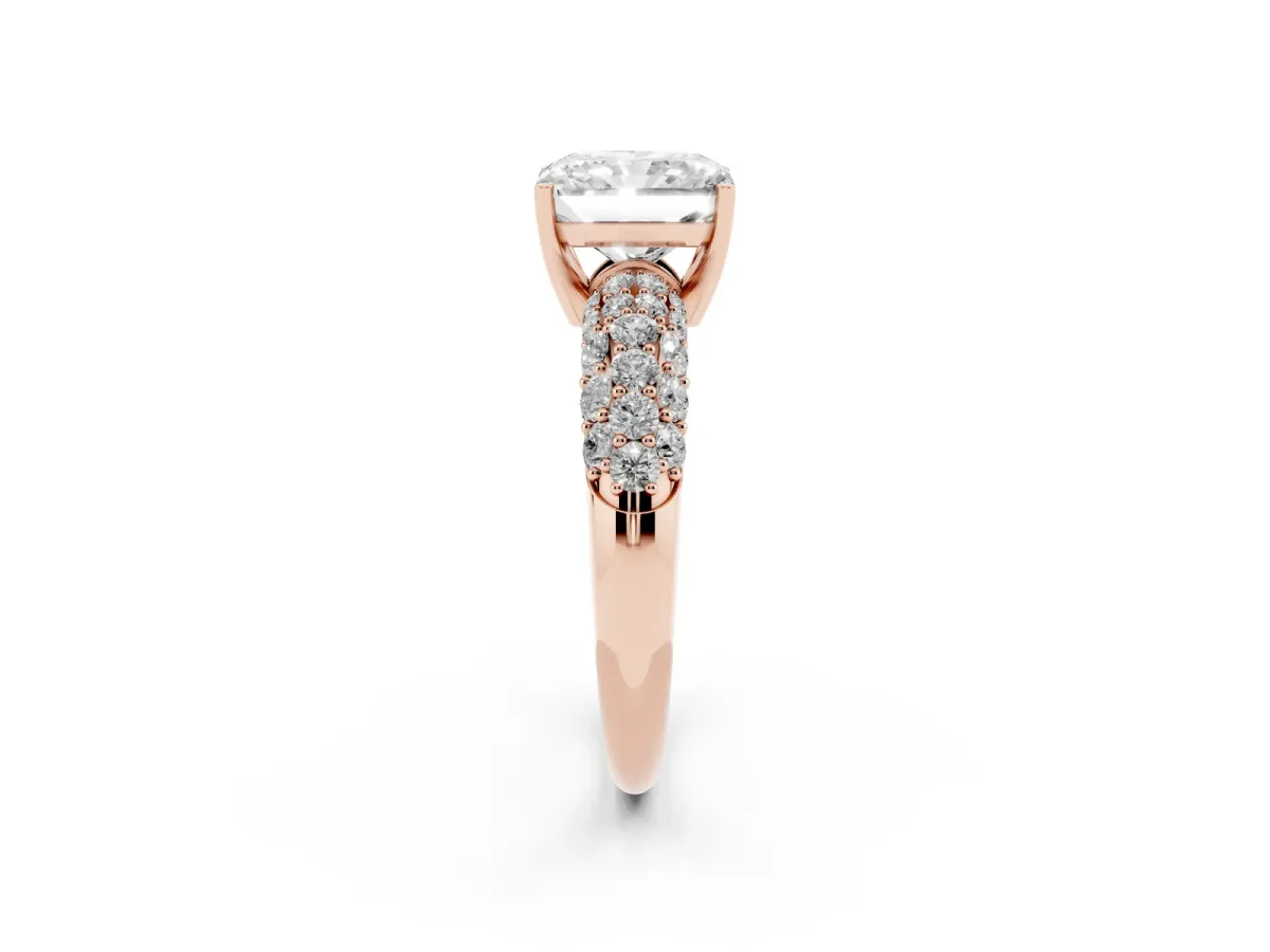 Radiant Cut Diamond Pavé Band Solitaire Ring with Four-Prong Setting Rose gold