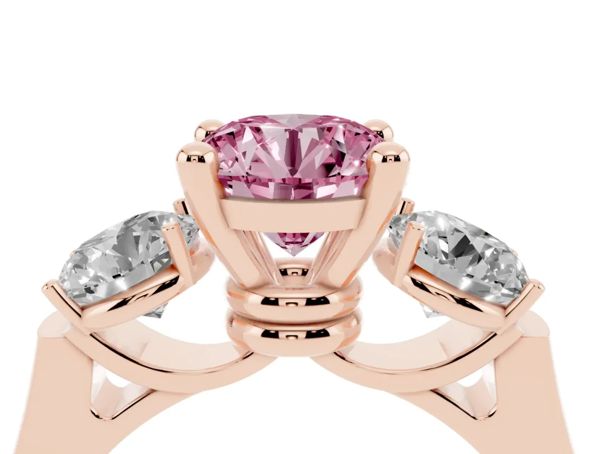 Fancy Pink Three-Stone Round Cut Brilliant Diamond Trellis Ring with Comfort Fit Band Rose gold