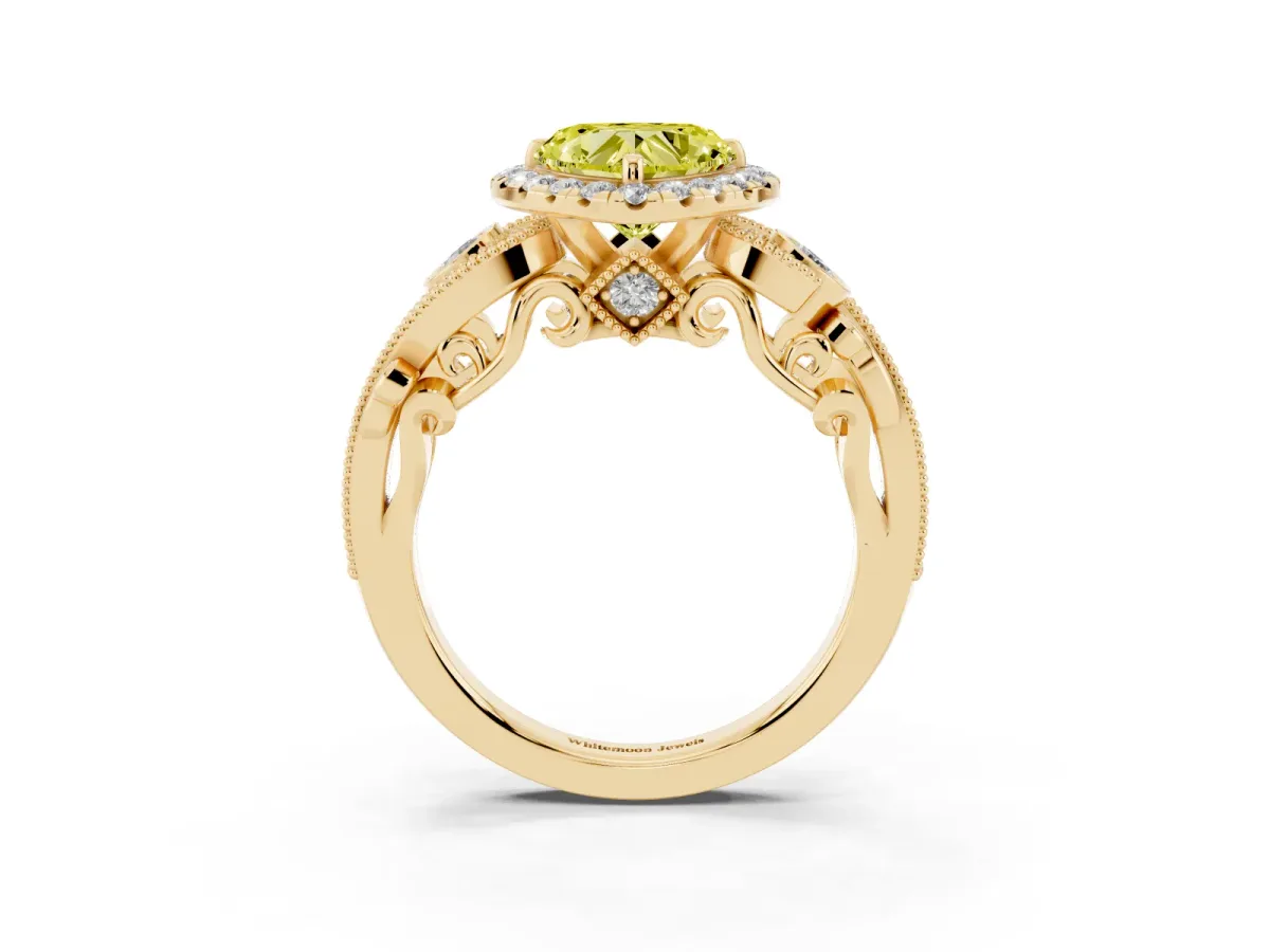 Fancy Yellow Heart Cut Halo Diamond Ring with Milgrain and Bezel Accents on a Split Shank Band Yellow gold