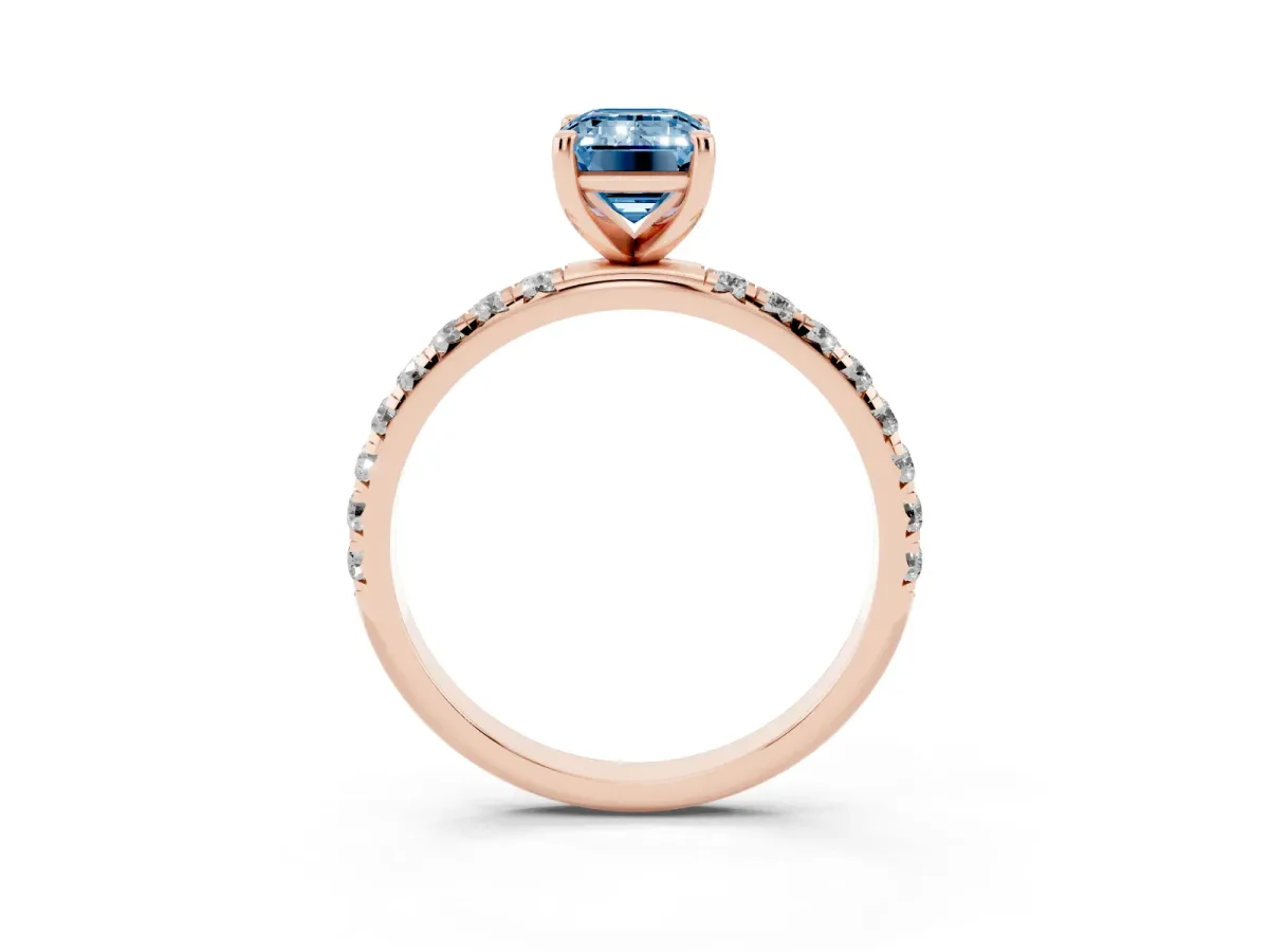 Fancy Blue Emerald Cut Cut Diamond Solitaire Ring with Micro Pave Band and Four Prong Setting Rose gold