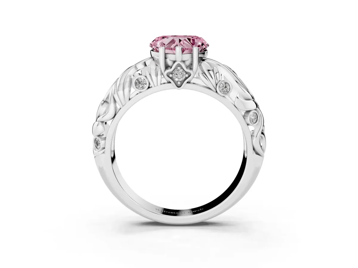 Fancy Pink Heart Cut Solitaire Diamond Leaf-Inspired Vine Band Ring with Prong Setting Platinum