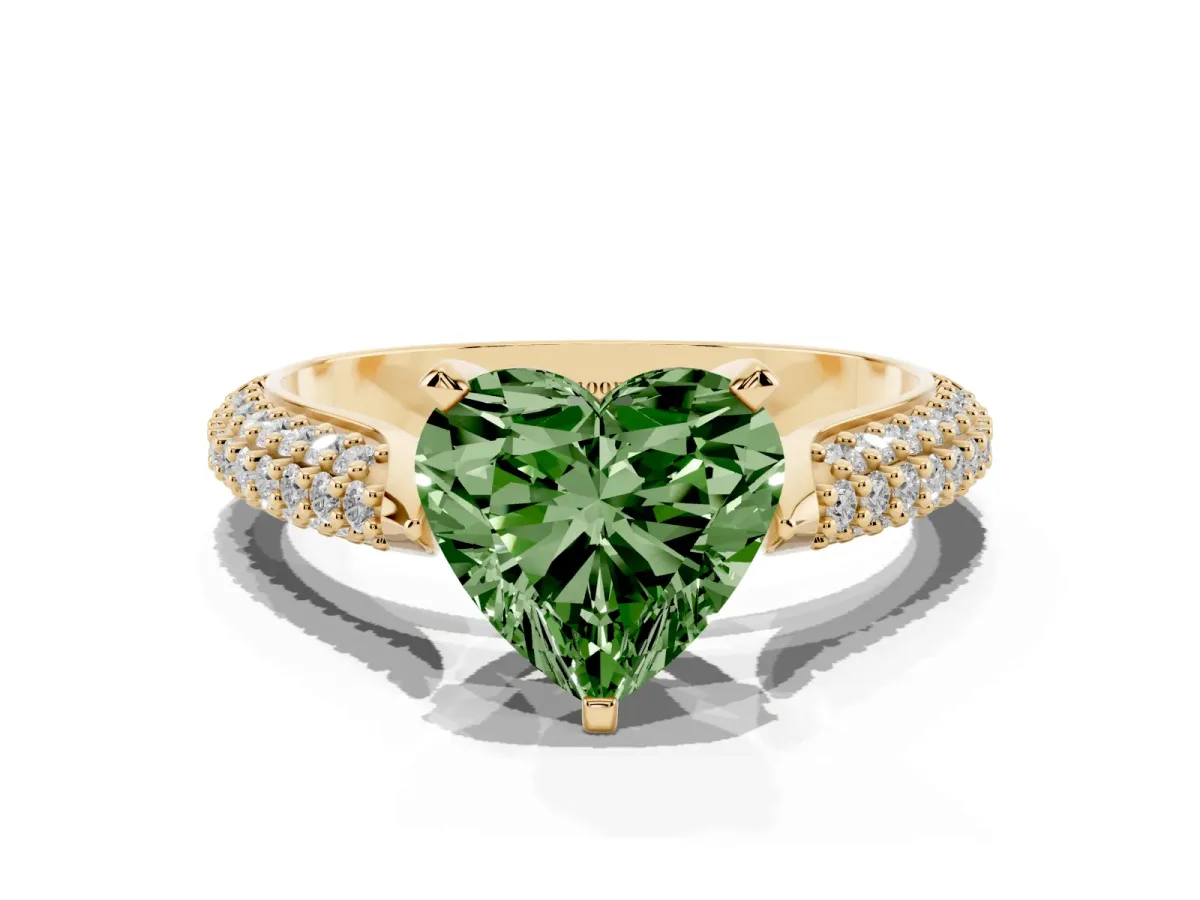 Fancy Green Heart Cut Diamond Solitaire Engagement Ring with Multi-Row Round Pavé Band and Prong Setting Yellow gold