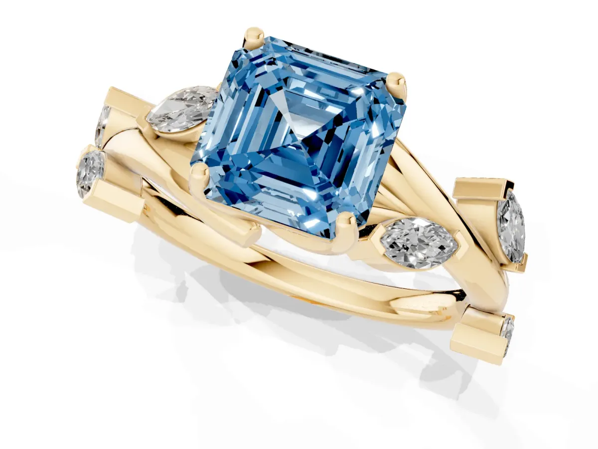 Fancy Blue Asscher Cut Solitaire Twisted Band Marquise Accent Prong Setting Ring Yellow gold