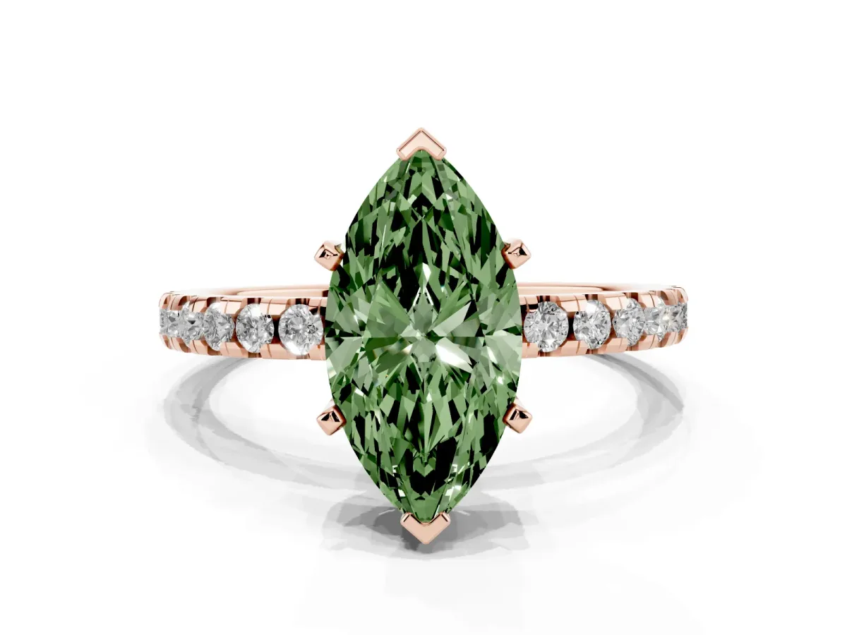 Fancy Green Marquise Cut Diamond Solitaire Ring with Round Pavé Band and Four-Prong Setting Rose gold