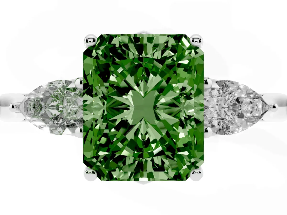 Fancy Green Radiant Cut Diamond Three-Stone Ring with Pear Side Stones and Prong Setting Platinum