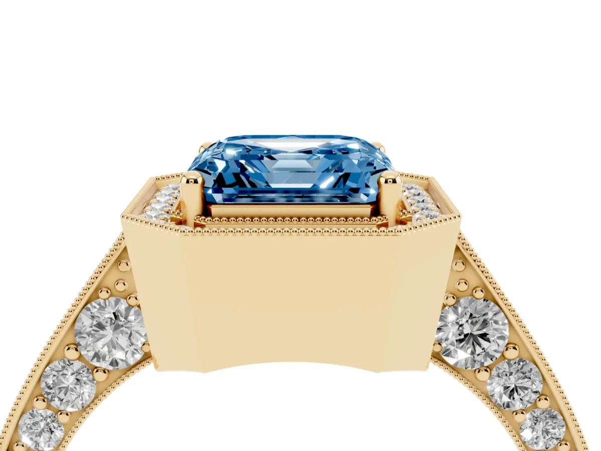 Fancy Blue Asscher Cut Halo Diamond Engagement Ring with Split Shank Band and Four-Prong Setting Yellow gold