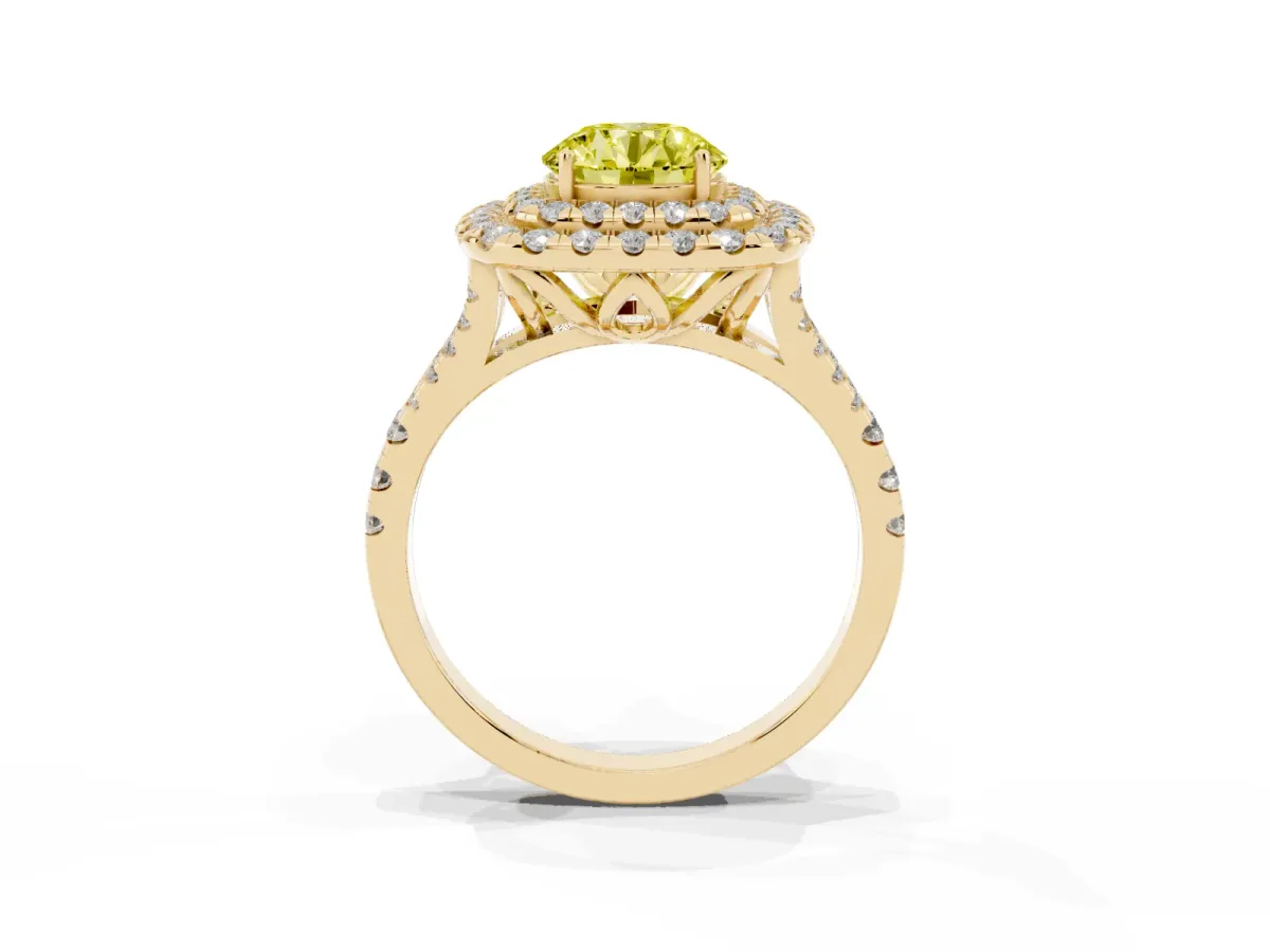 Fancy Yellow Double Halo Round Cut Diamond Pavé Split Shank Ring with Prong Setting Yellow gold