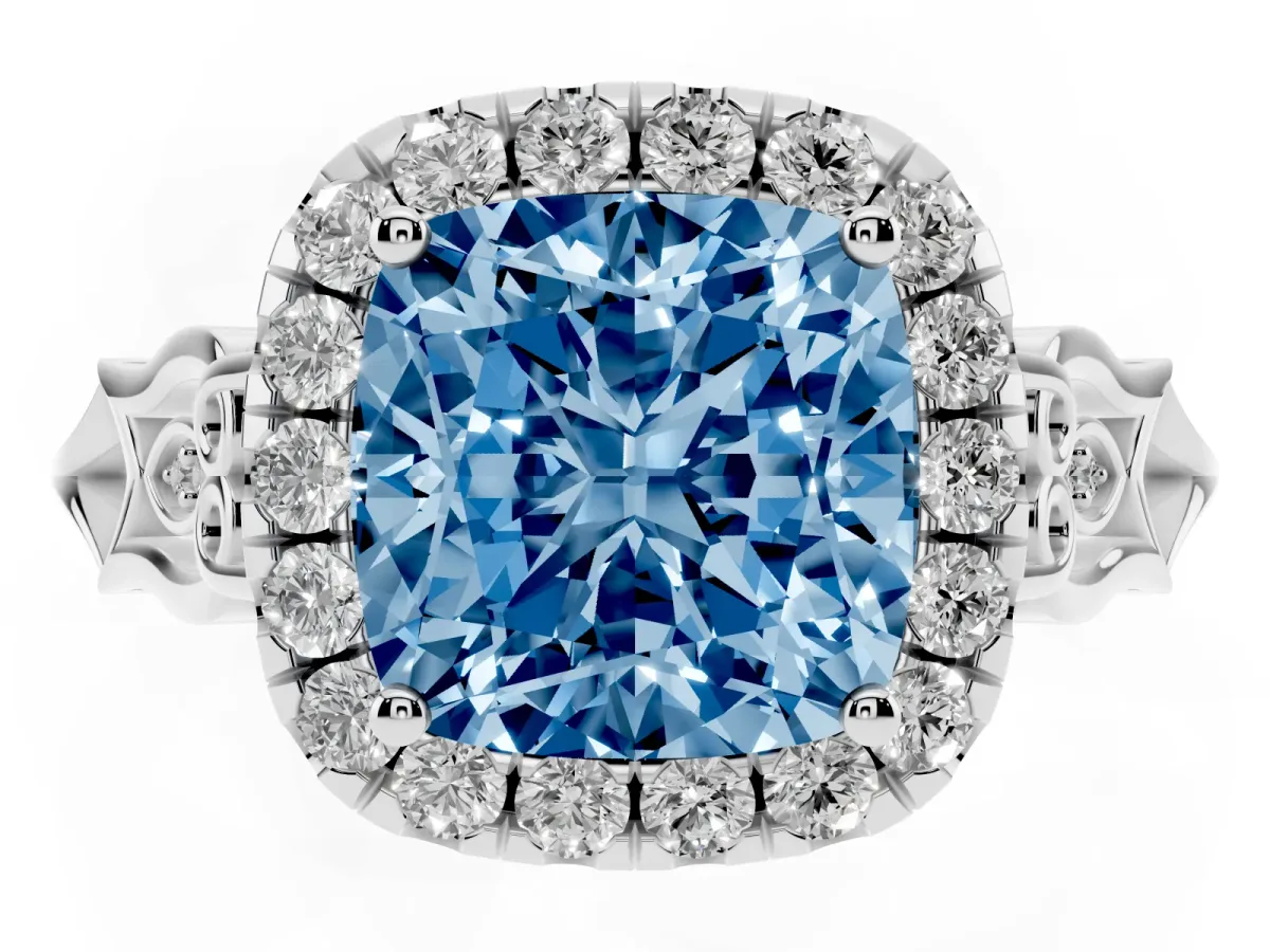 Fancy Blue Cushion Cut Halo Diamond Engagement Ring with Filigree Band and Four-Prong Setting Platinum
