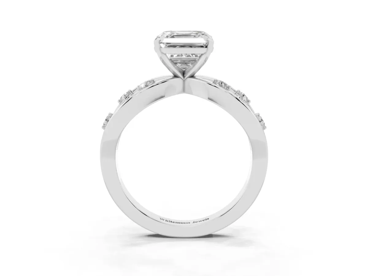 Asscher Cut Cut Solitaire Diamond with Side Stones on Criss-Cross Band and Four-Prong Setting Platinum