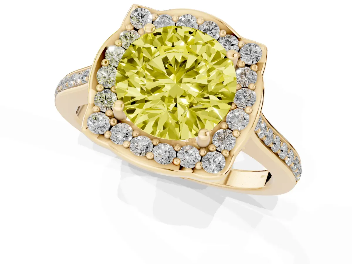 Fancy Yellow Round Cut Halo Round Diamond Pave Band with Four-Prong Setting Yellow gold