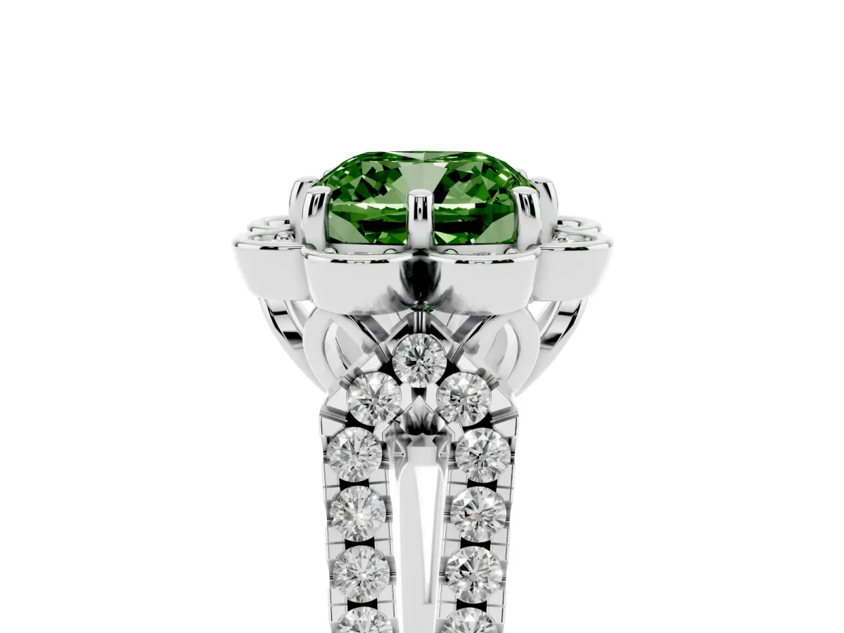 Fancy Green Cushion Cut Halo Diamond Floral Split Shank Engagement Ring Silver