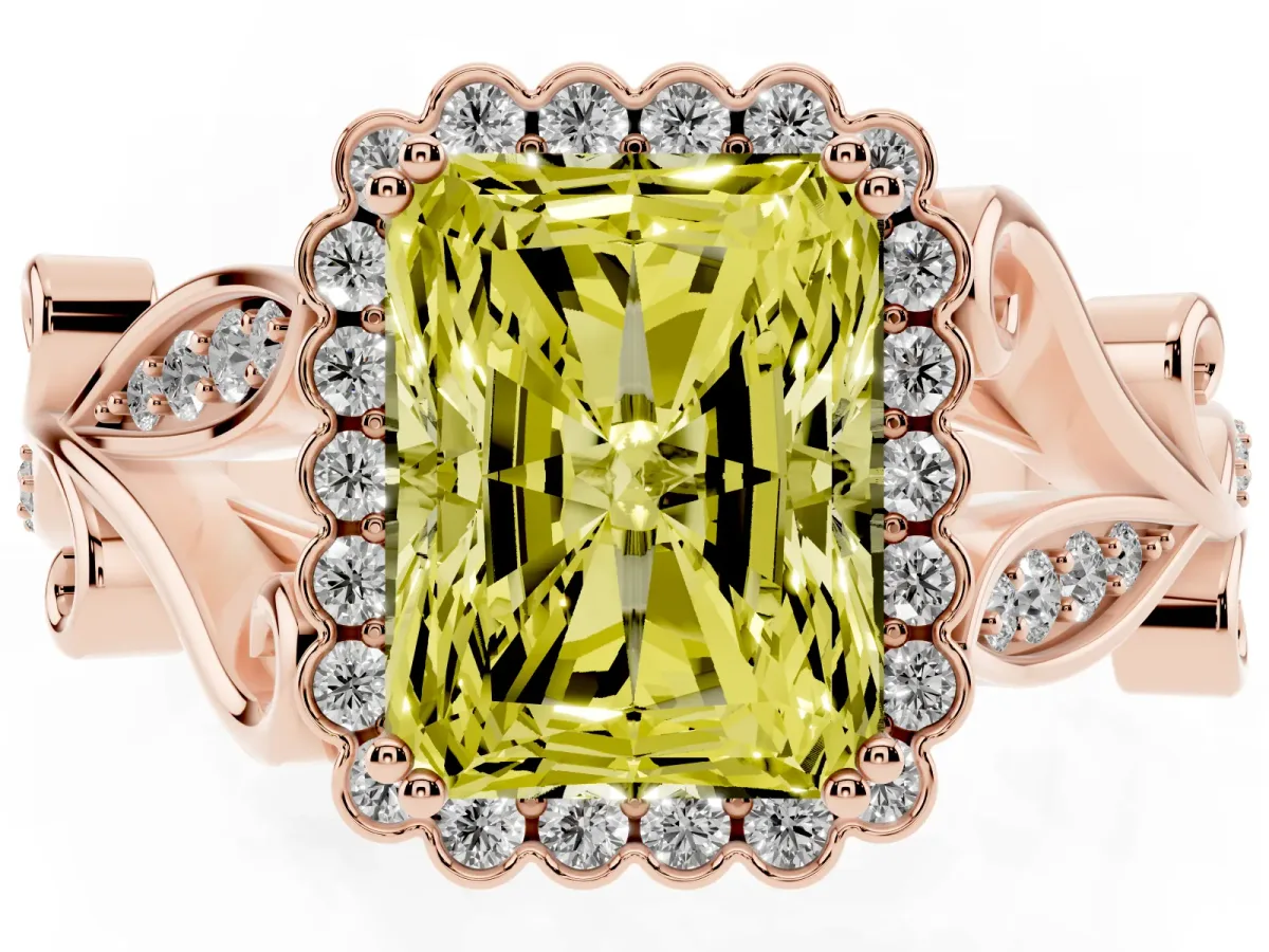 Fancy Yellow Radiant Cut Diamond Halo Ring with Vintage Split Shank and Four-Prong Setting Rose gold