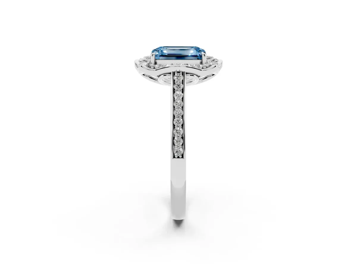 Fancy Blue Emerald Cut Halo Round Diamond Pave Band with Four-Prong Setting Silver