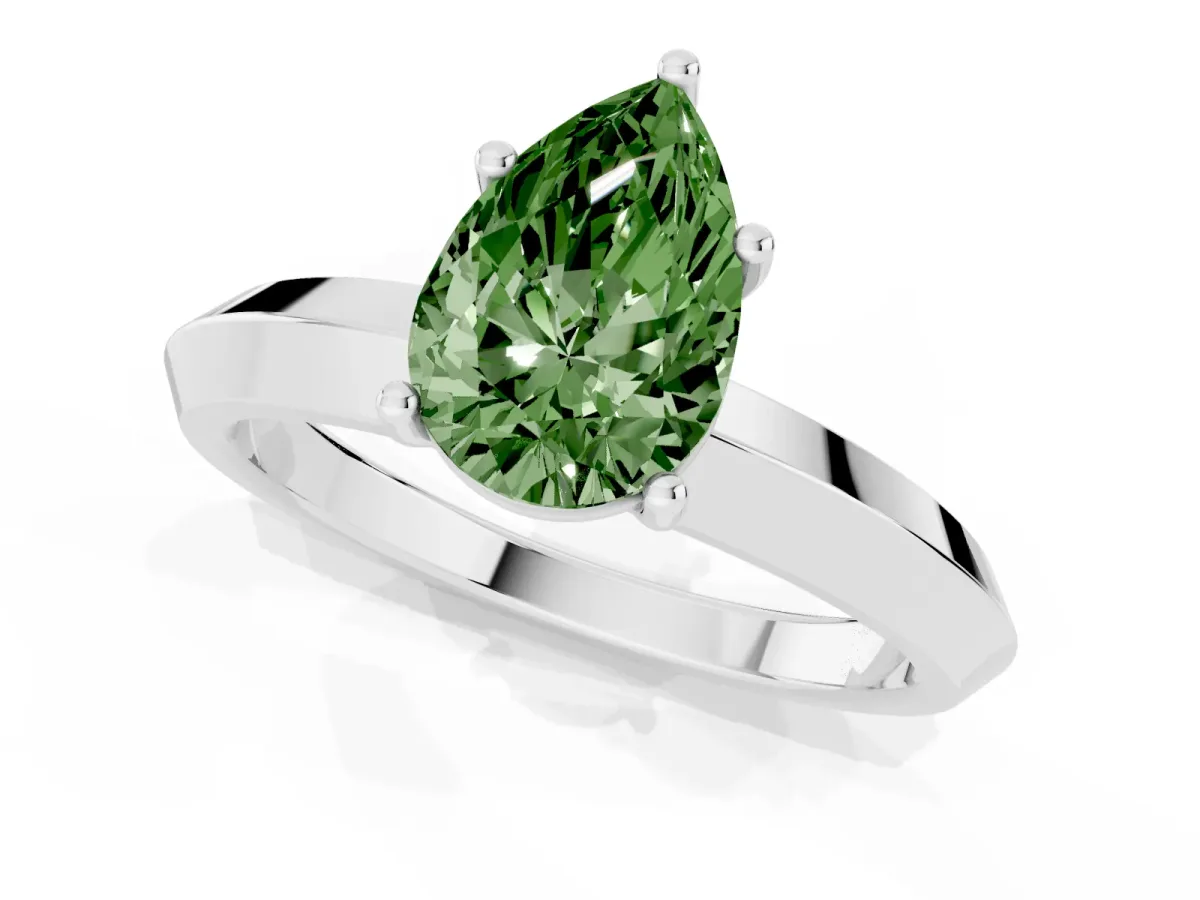 Fancy Green Pear Cut Cut Solitaire Engagement Ring with Flat Band and Four-Prong Setting Silver