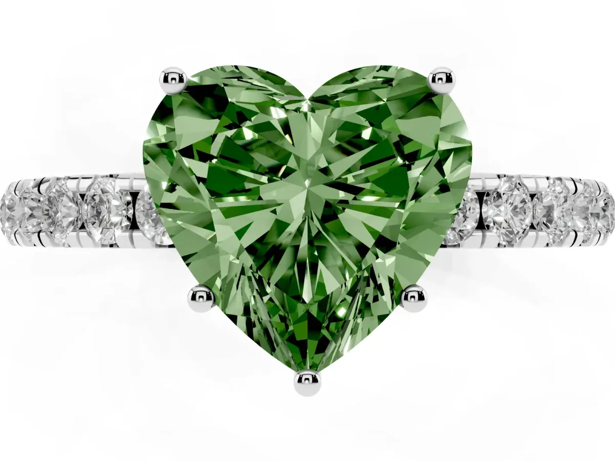Fancy Green Heart Cut Diamond Pavé Solitaire Engagement Ring with Four-Prong Setting Silver