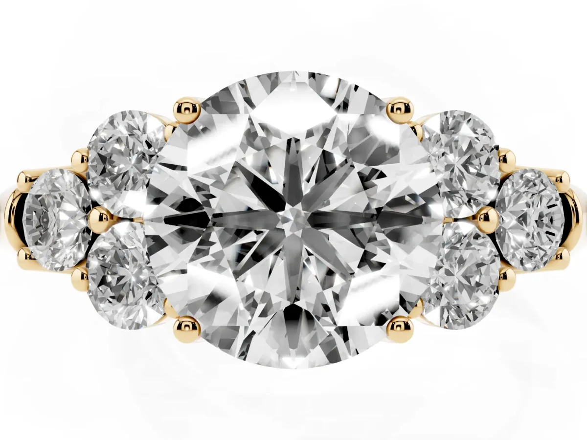 Round Cut Cut Diamond Cluster Ring with Round Accent Stones and Prong Setting on a Classic Band Yellow gold
