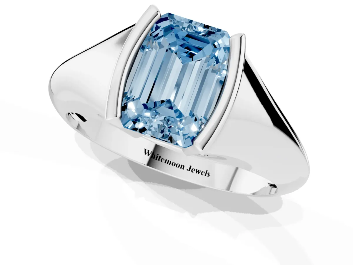 Fancy Blue Emerald Cut Solitaire Tension Set Diamond Ring White gold