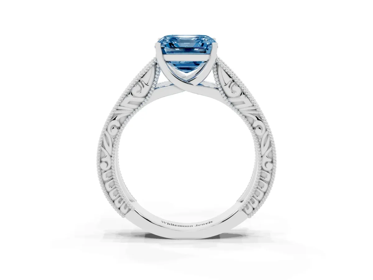 Fancy Blue Asscher Cut Diamond Solitaire Ring with Engraved Band and Four-Prong Setting White gold