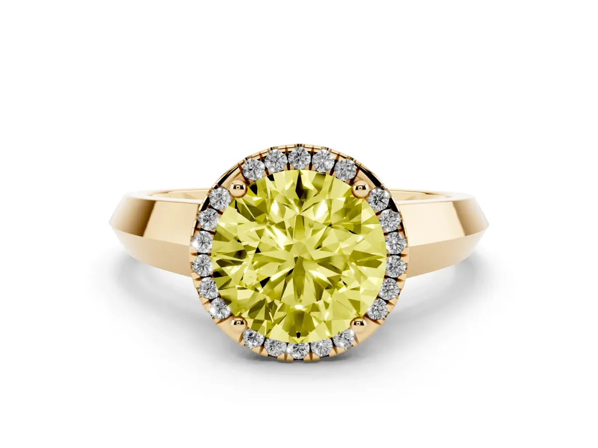 Fancy Yellow Round Cut Halo Diamond Ring with Cathedral Band and Four-Prong Setting Yellow gold