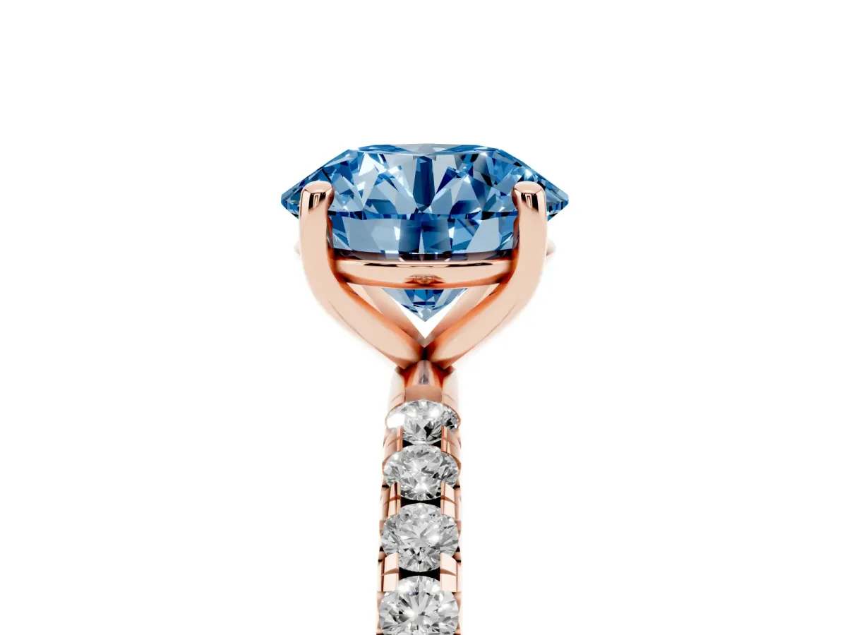 Fancy Blue Round Cut Cut Diamond Solitaire Ring with Micro Pave Band and Four Prong Setting Rose gold