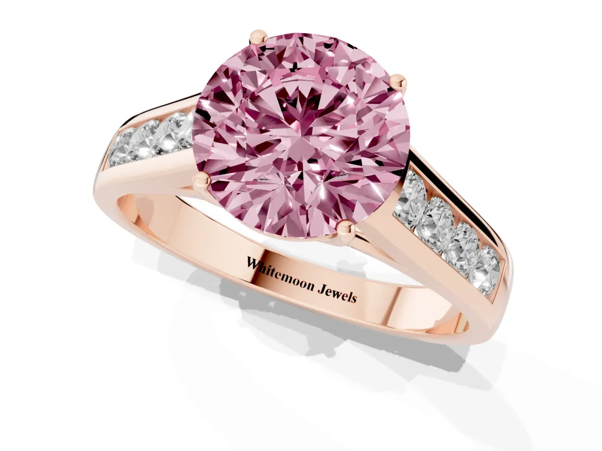 Fancy Pink Round Cut Brilliant Channel-Set Solitaire Ring with Four-Prong Setting Rose gold