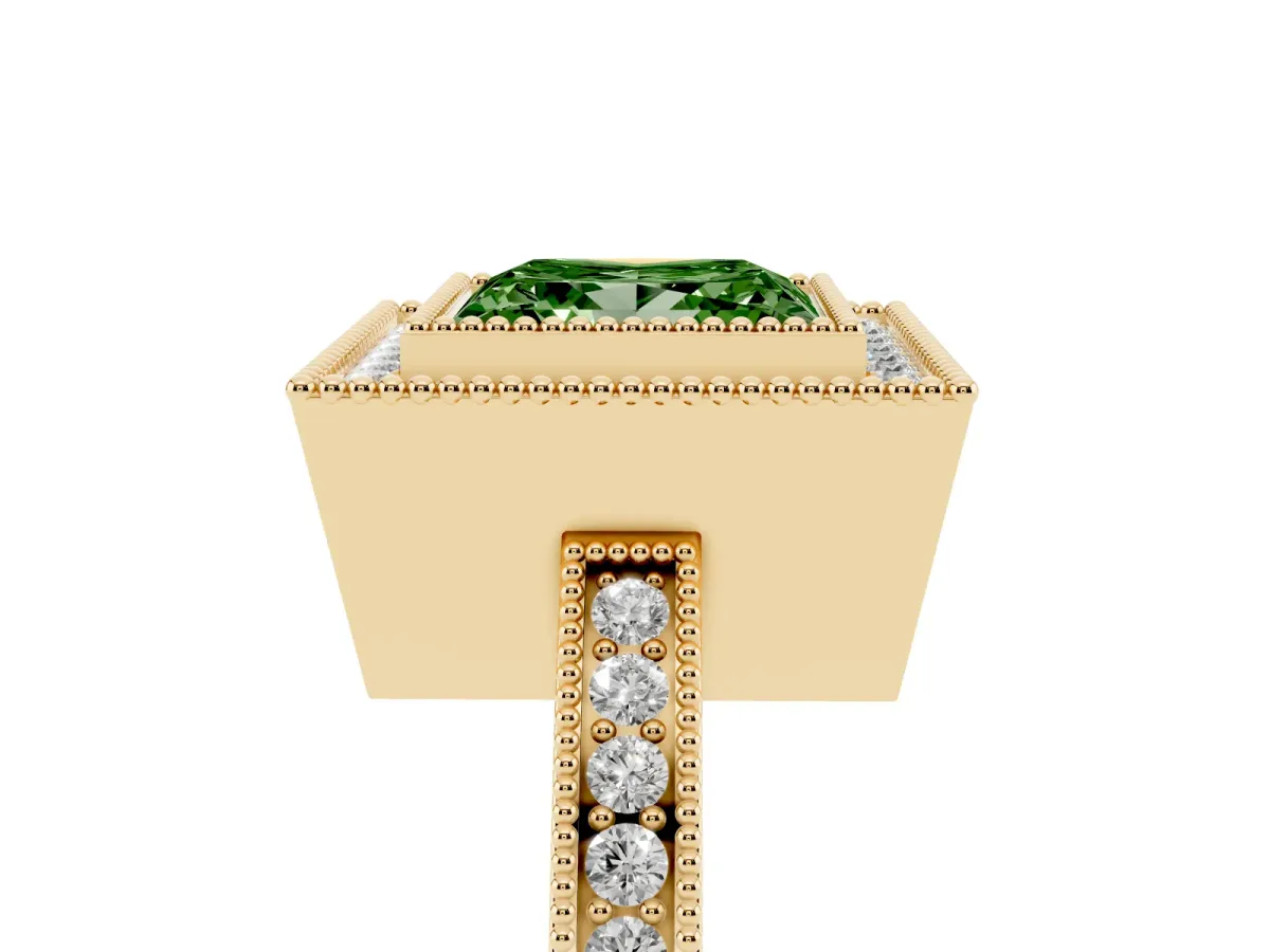 Fancy Green Princess Cut Cut Halo Diamond Ring with Pavé Band and Milgrain Prong Setting Yellow gold