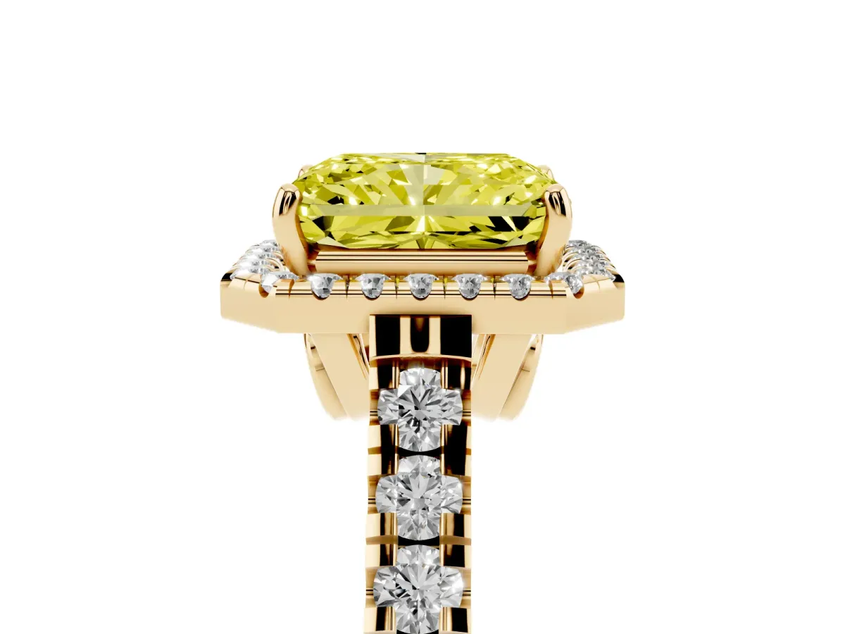 Fancy Yellow Radiant Cut Halo Pavé Diamond Engagement Ring with Four-Prong Setting Yellow gold
