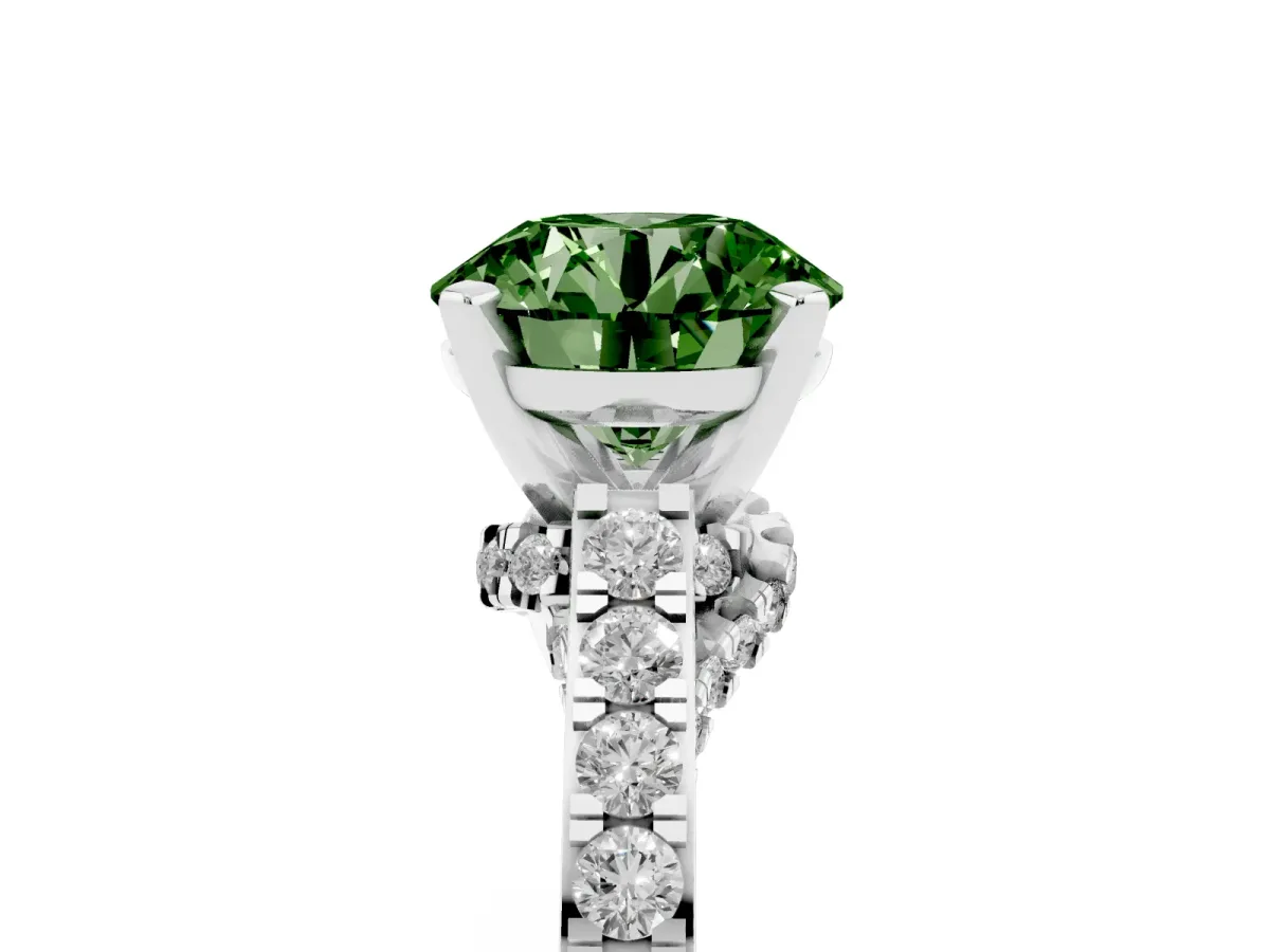 Fancy Green Round Cut Diamond Solitaire Ring with Crossover Gallery and Round Pavé Band Silver