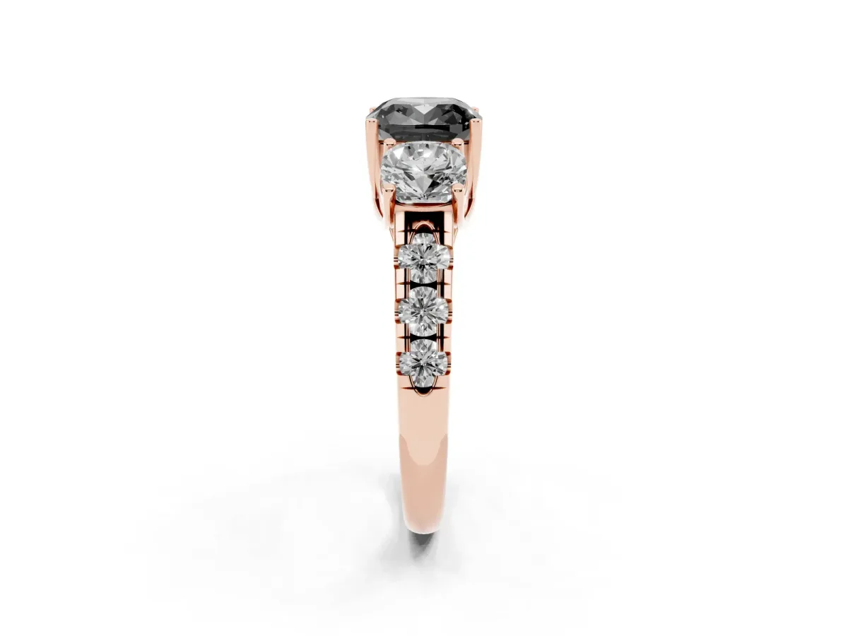 Fancy Black Three-Stone Cushion Cut Diamond Pavé Band with Prong Setting Rose gold