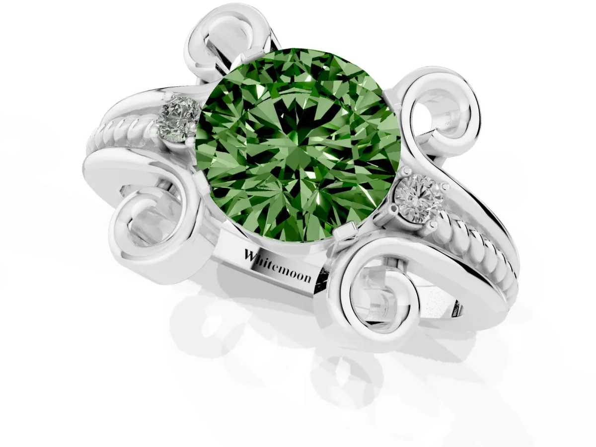 Fancy Green Round Cut Solitaire Twisted Band Scroll Prong Ring Silver