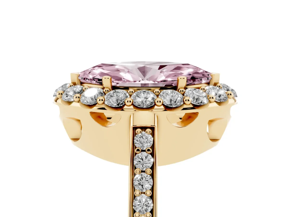 Fancy Pink Marquise Cut Diamond Floral Halo Ring with Pavé Band and Prong Setting Yellow gold