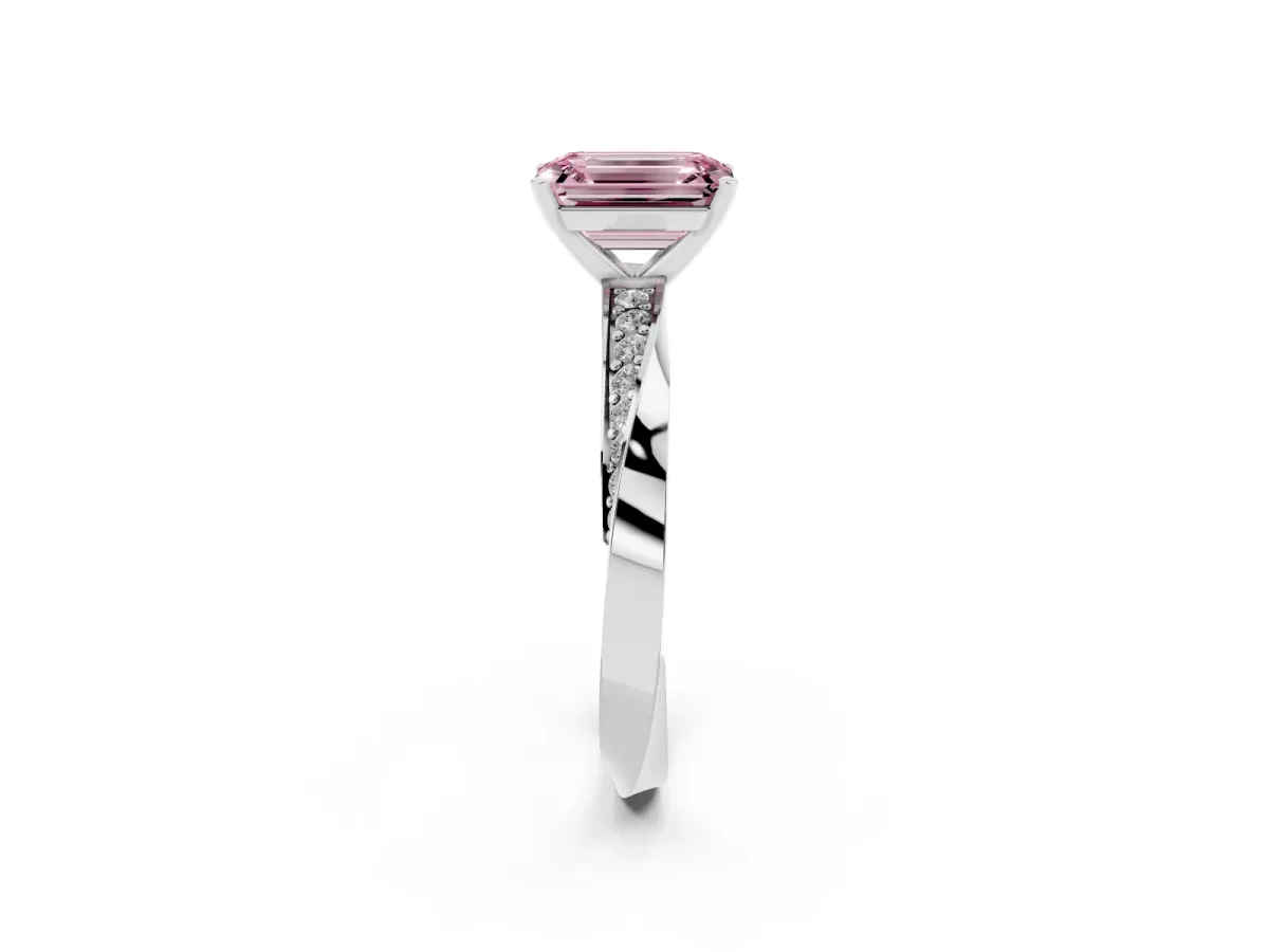 Fancy Pink Emerald Cut Diamond Engagement Ring with Side Stone Accents and Four-Prong Setting Silver
