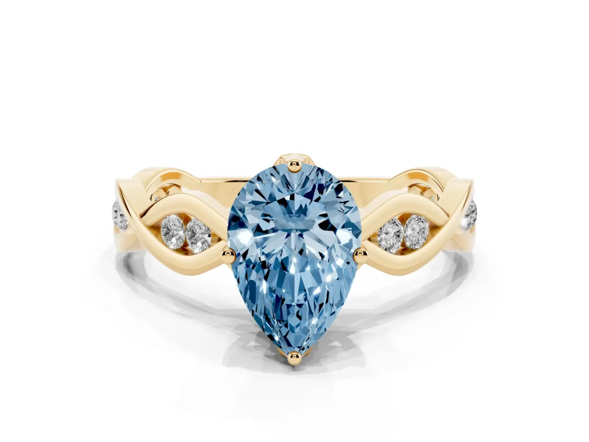 Fancy Blue Pear Cut Solitaire Twist Band with Leaf Prong Setting Yellow gold