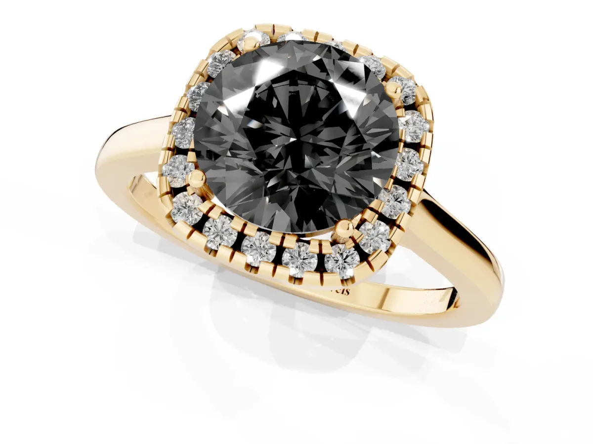 Fancy Black Round Cut Halo Round Diamond Solitaire Ring with Pavé Band and Four-Prong Setting Yellow gold