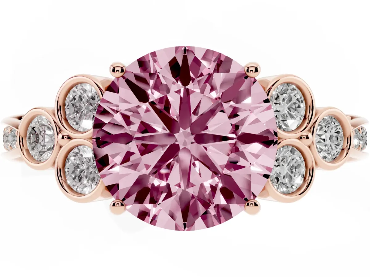 Fancy Pink Round Cut Cut Diamond Engagement Ring with Bezel Set Round Side Stones and Prong Setting Rose gold