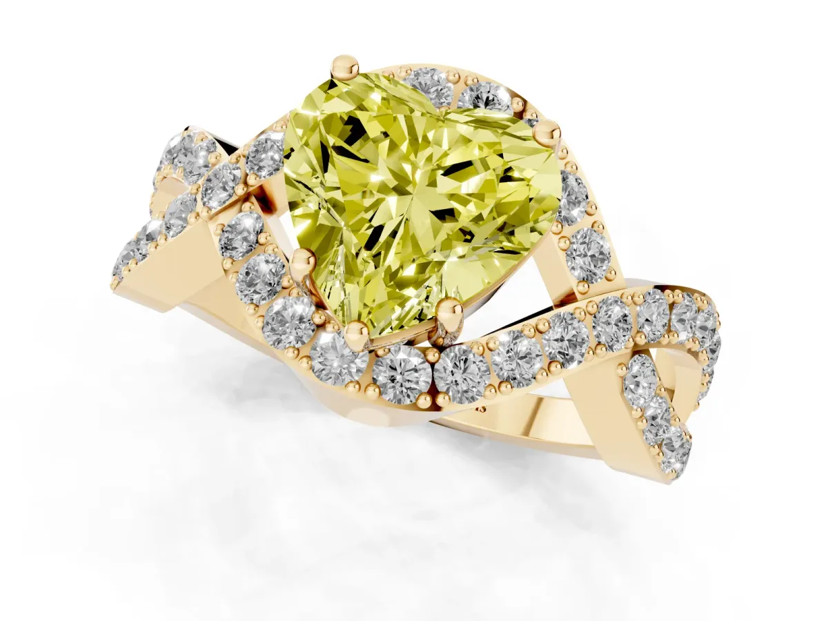 Fancy Yellow Heart Cut Solitaire Twist Band Pavé Diamond Engagement Ring Yellow gold