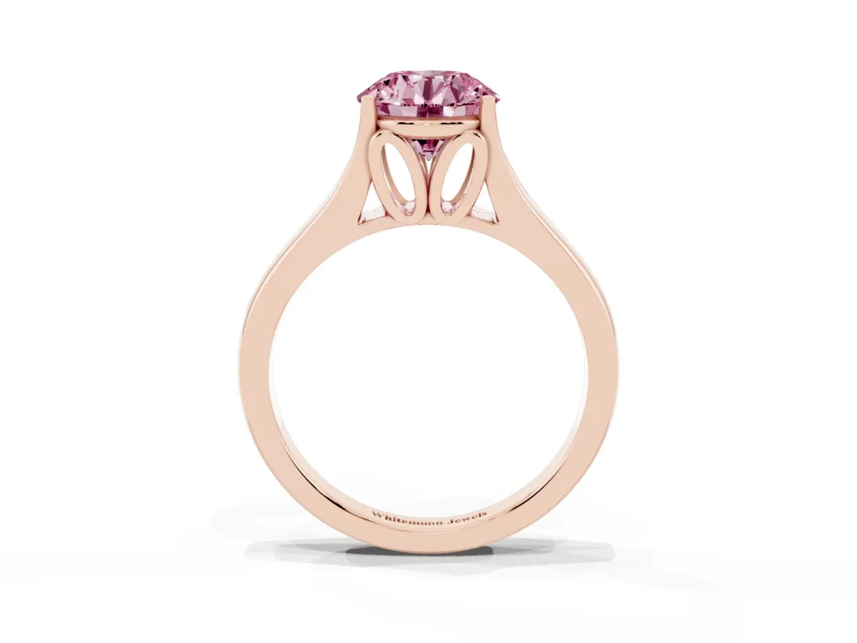 Fancy Pink Round Cut Solitaire Diamond Ring with Cathedral Band and Four-Prong Setting Rose gold
