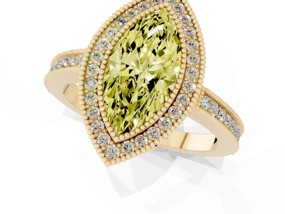 Fancy Yellow Marquise Cut Cut Halo Diamond Ring with Pavé Band and Milgrain Prong Setting Yellow gold