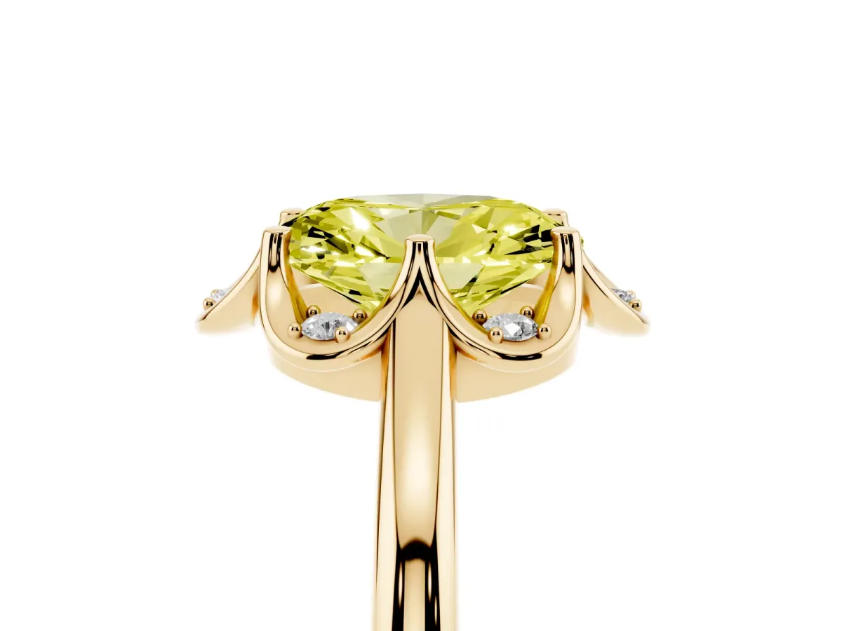 Fancy Yellow Oval Cut Halo Diamond Ring with Round Cluster Setting, Solitaire Band, and Four-Prong Setting Yellow gold
