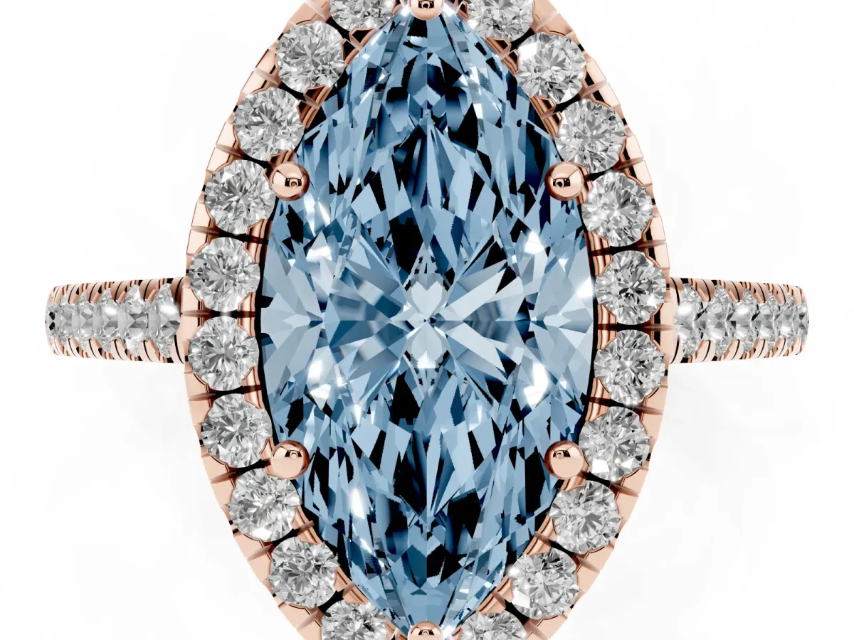 Fancy Blue Marquise Cut Halo Pave Diamond Engagement Ring with Four-Prong Setting Rose gold