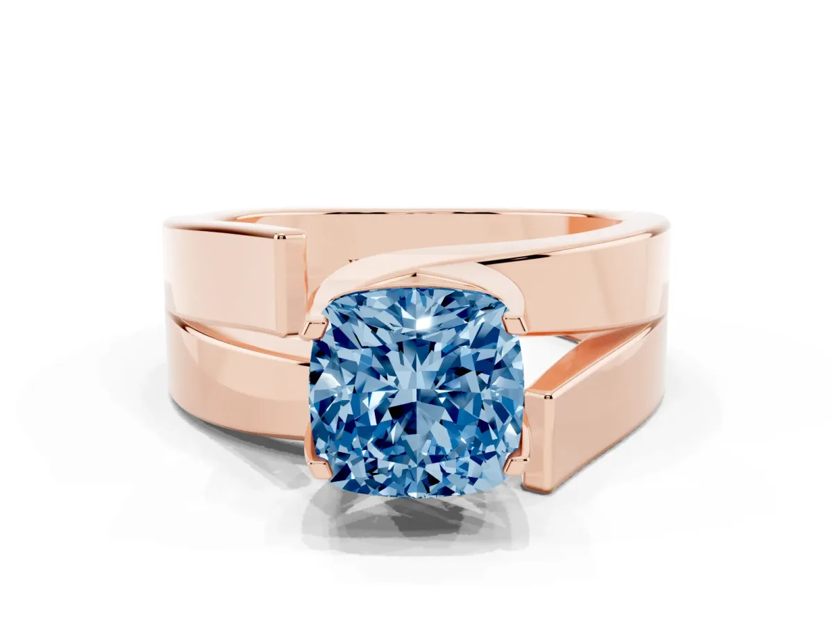 Fancy Blue Modern Tension Set Cushion Cut Diamond Solitaire Wide Band Ring Rose gold
