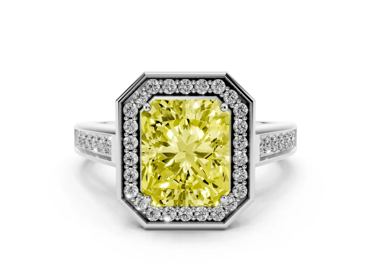 Fancy Yellow Emerald Cut Halo Solitaire Diamond Ring with Pave Band and Bezel Setting Silver