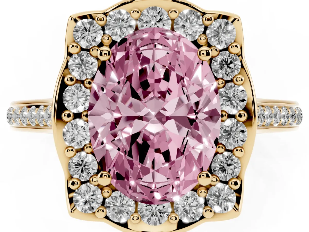 Fancy Pink Oval Cut Halo Round Diamond Pave Band with Four-Prong Setting Yellow gold