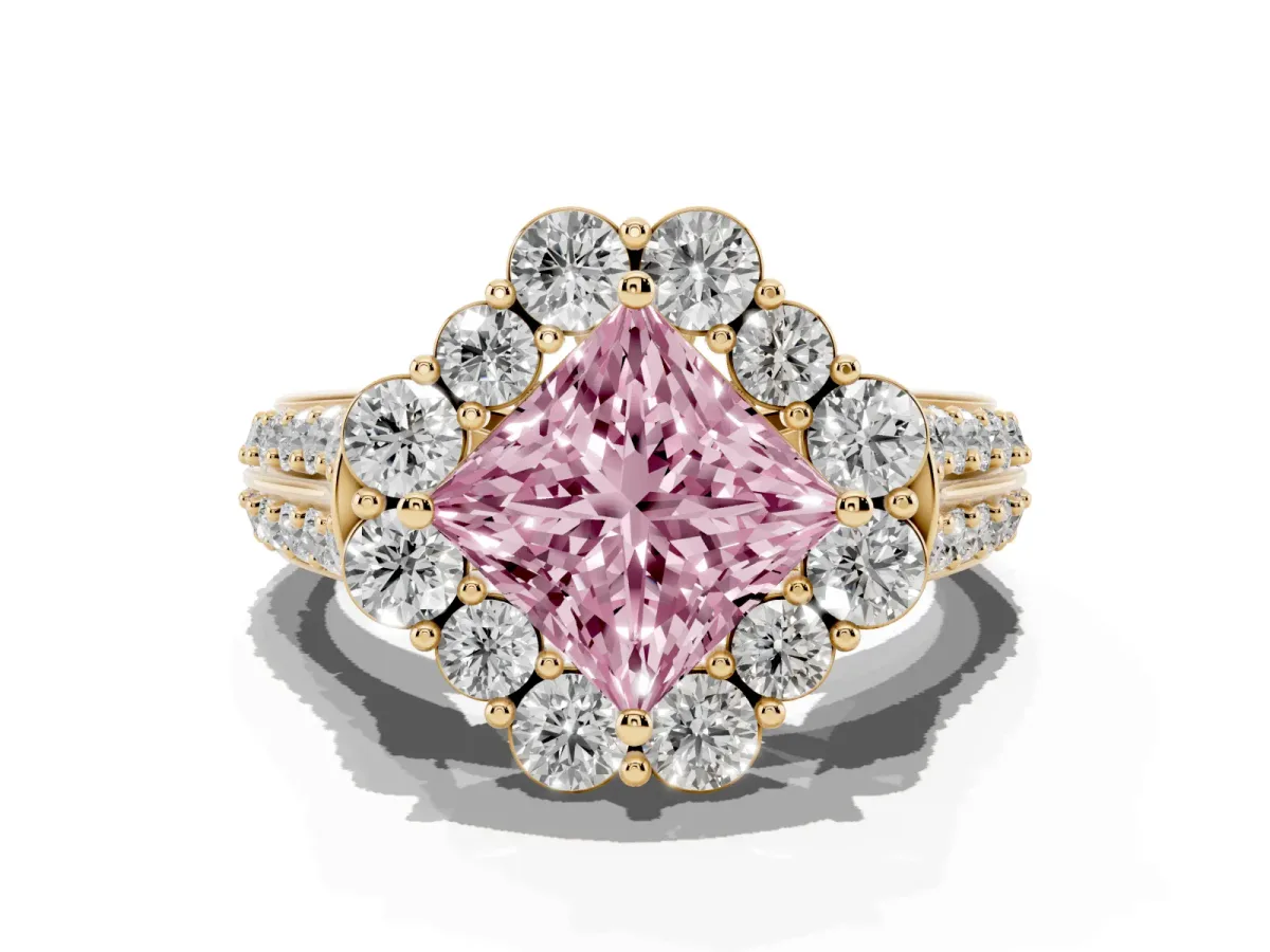 Fancy Pink Princess Cut Halo Diamond Engagement Ring with Split Shank and Prong Setting Yellow gold