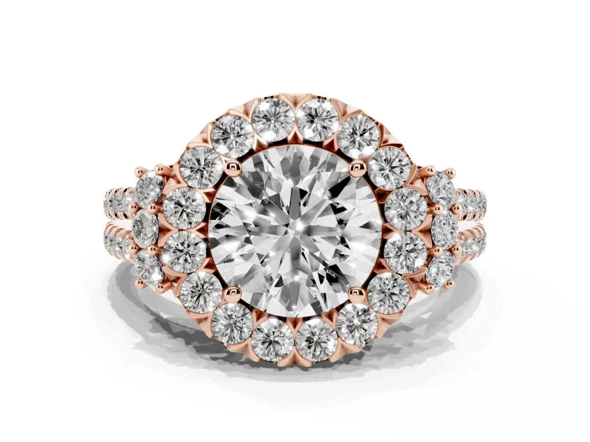 Round Cut Cut Double Halo Diamond Engagement Ring with Pave Band and Four-Prong Setting Rose gold